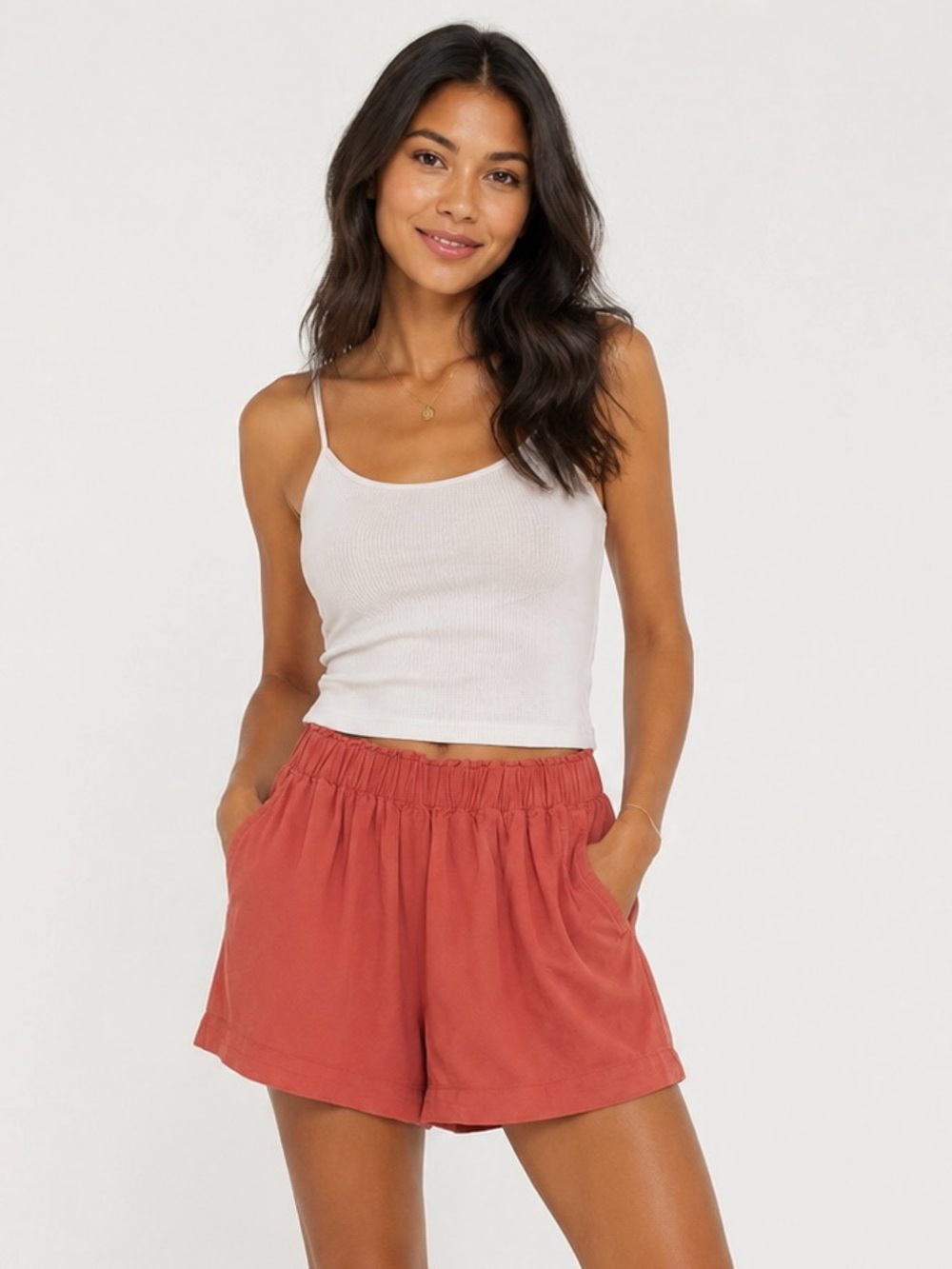 Women's High-Waist Elastic Coral Shorts with Side Pockets